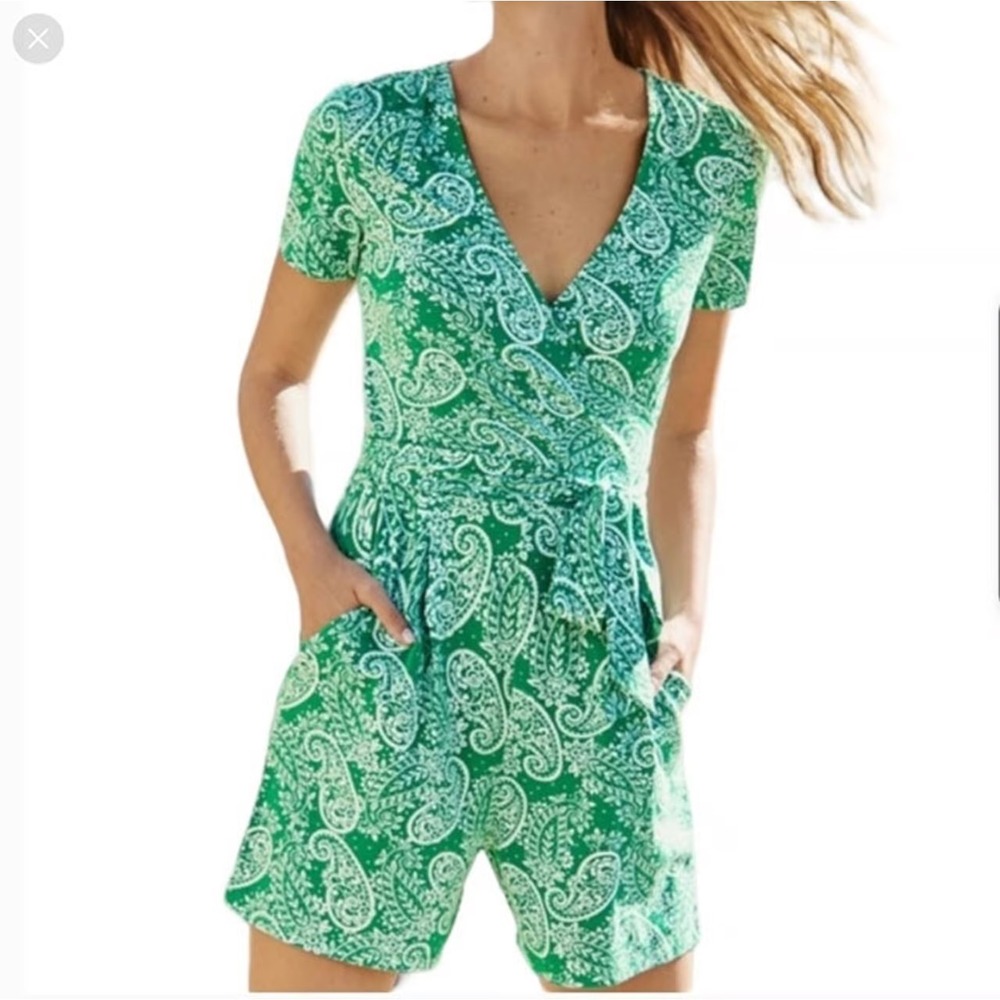 Boden Caroline Green Paisley Wrap Romper Shorts Set Sleeve Pockets US 10T UK 14T